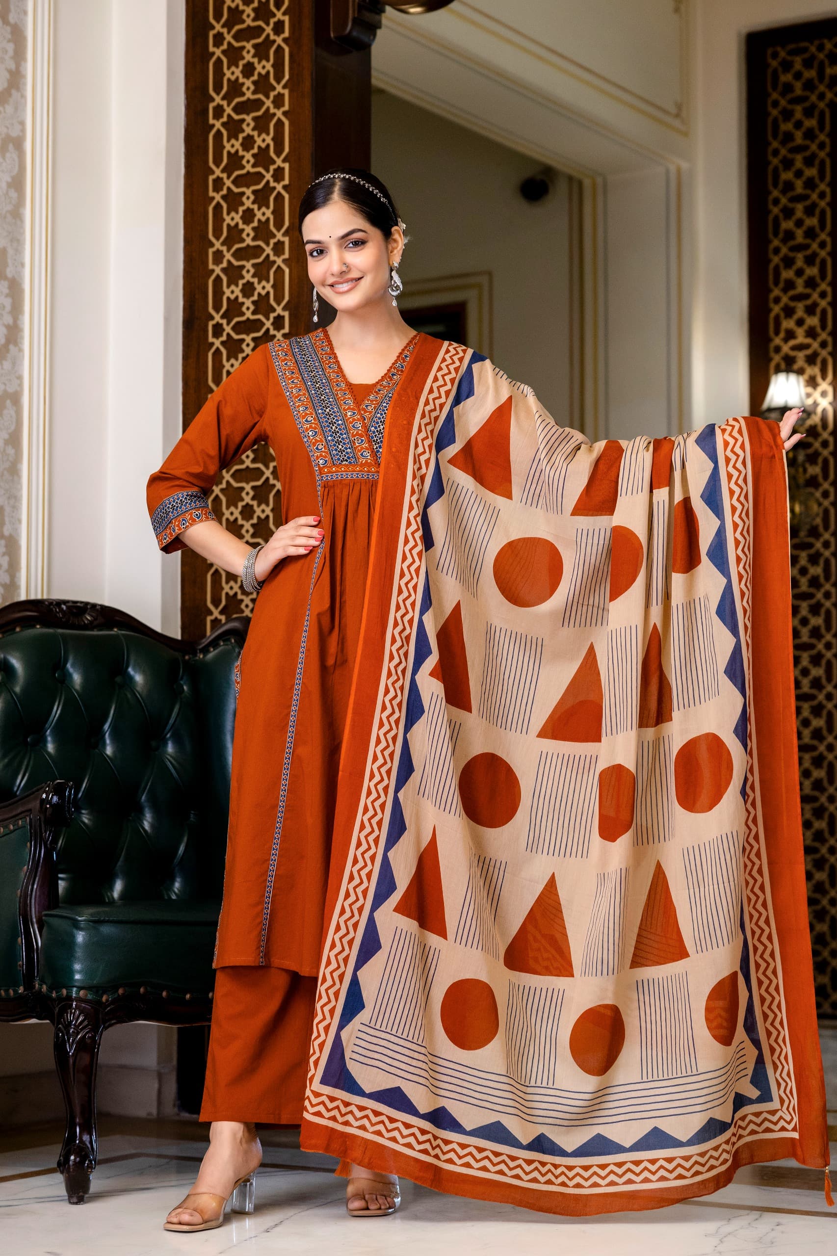 Cotton A-Line Suit with Farida Gupta Print & Hand Embroidery view 2