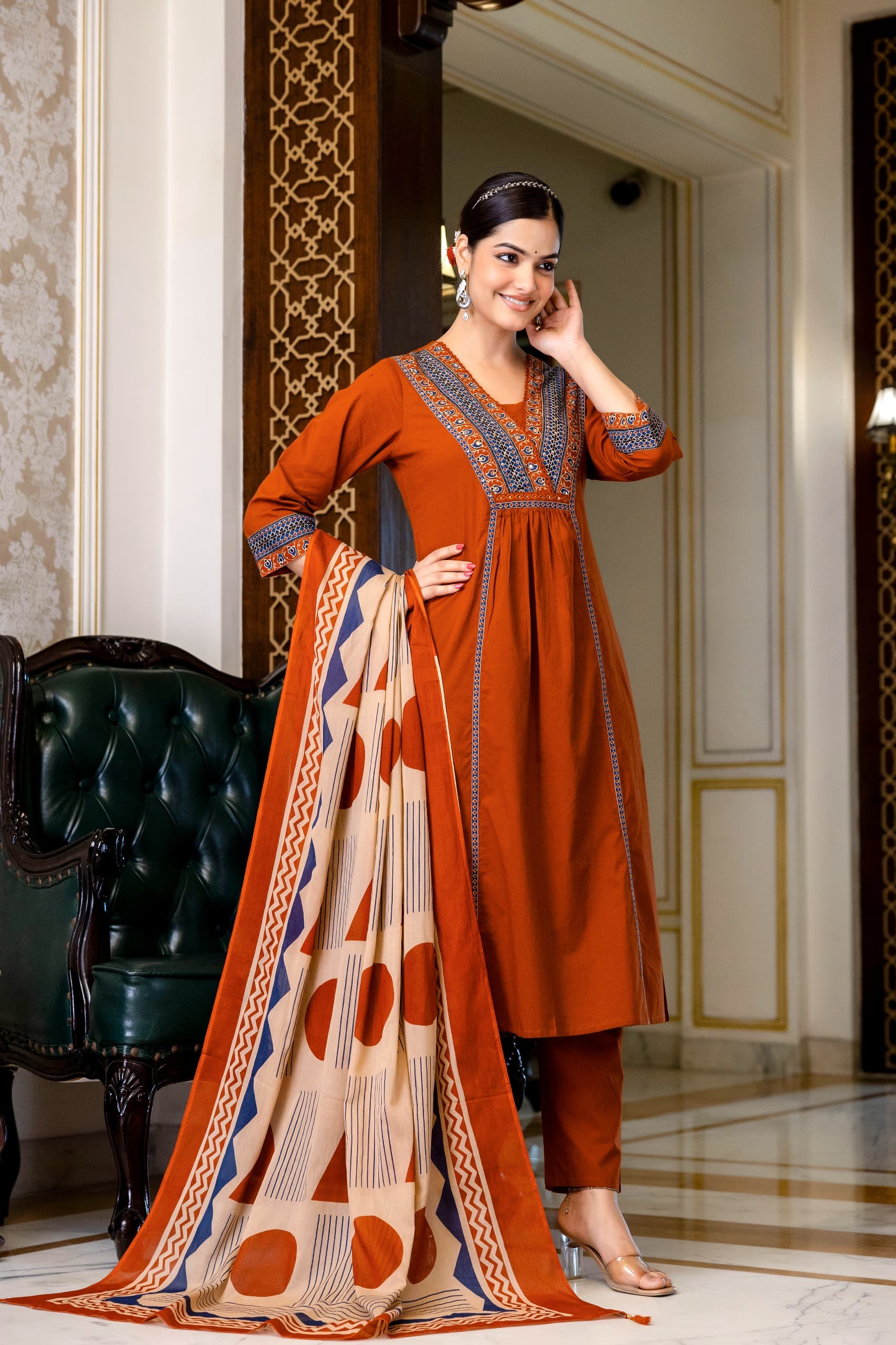 Cotton A-Line Suit with Farida Gupta Print & Hand Embroidery