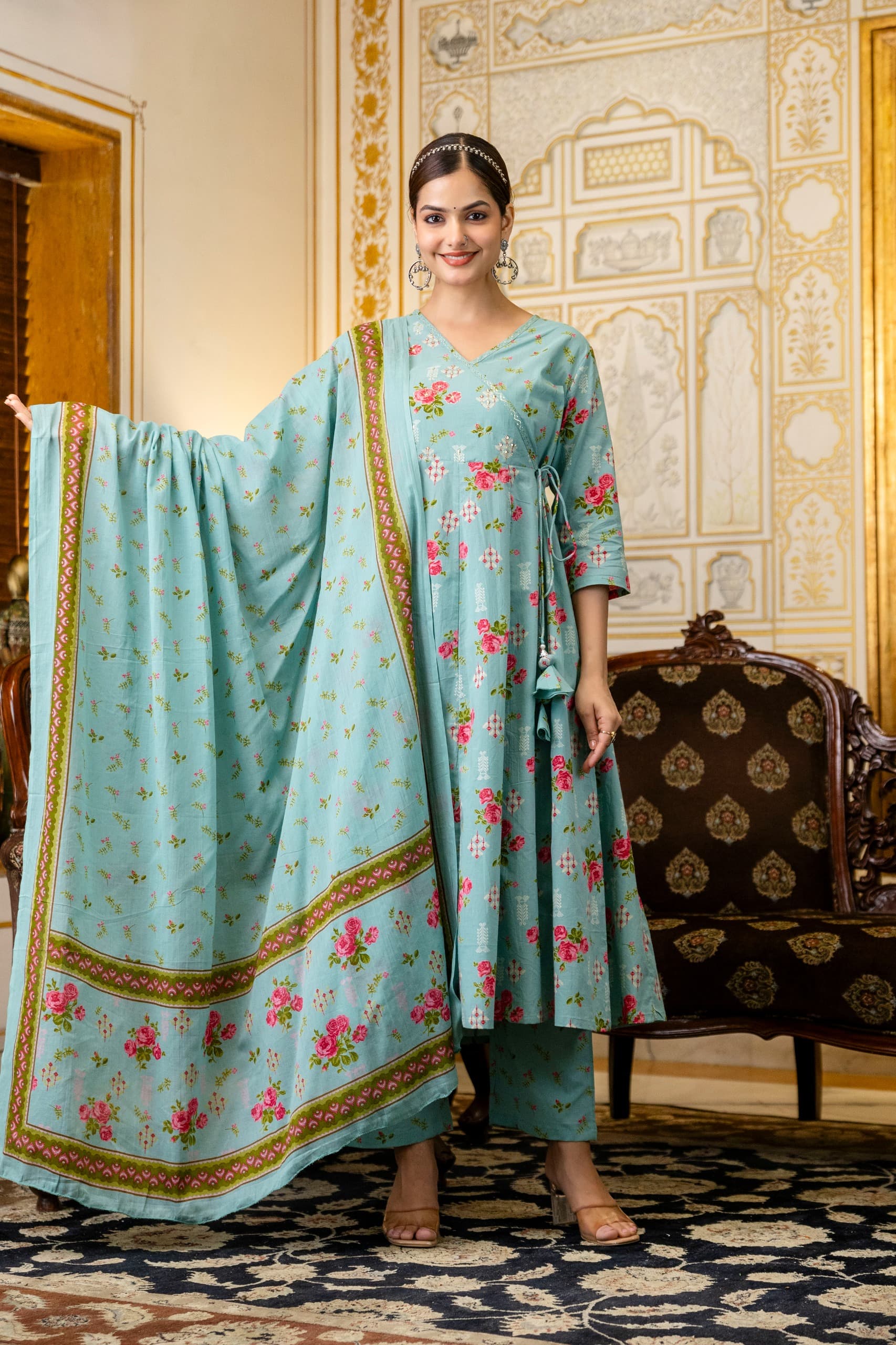 Cotton Anarkali Suit with Jaipuri Print & Hand Embroidery