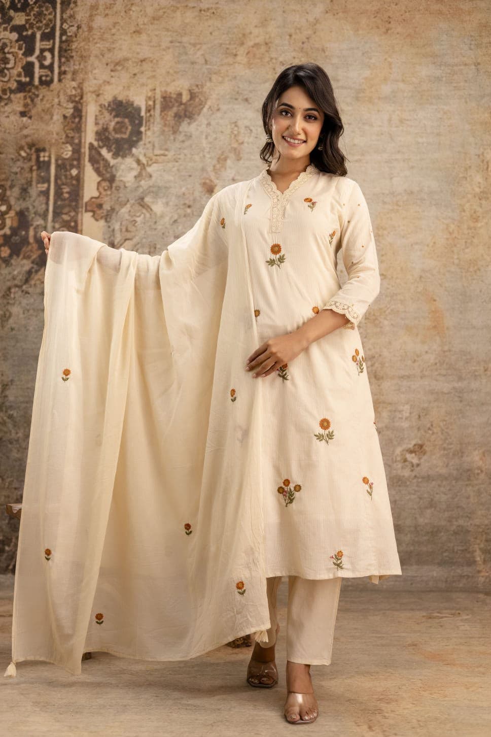 Embroidered Cotton Straight Suit with Thread Work
