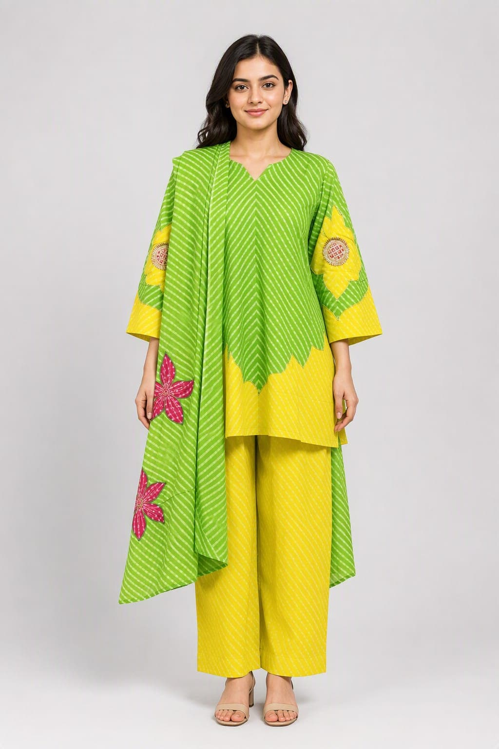 Printed Cotton Short Kurti Suit with Gotta & Thread Work